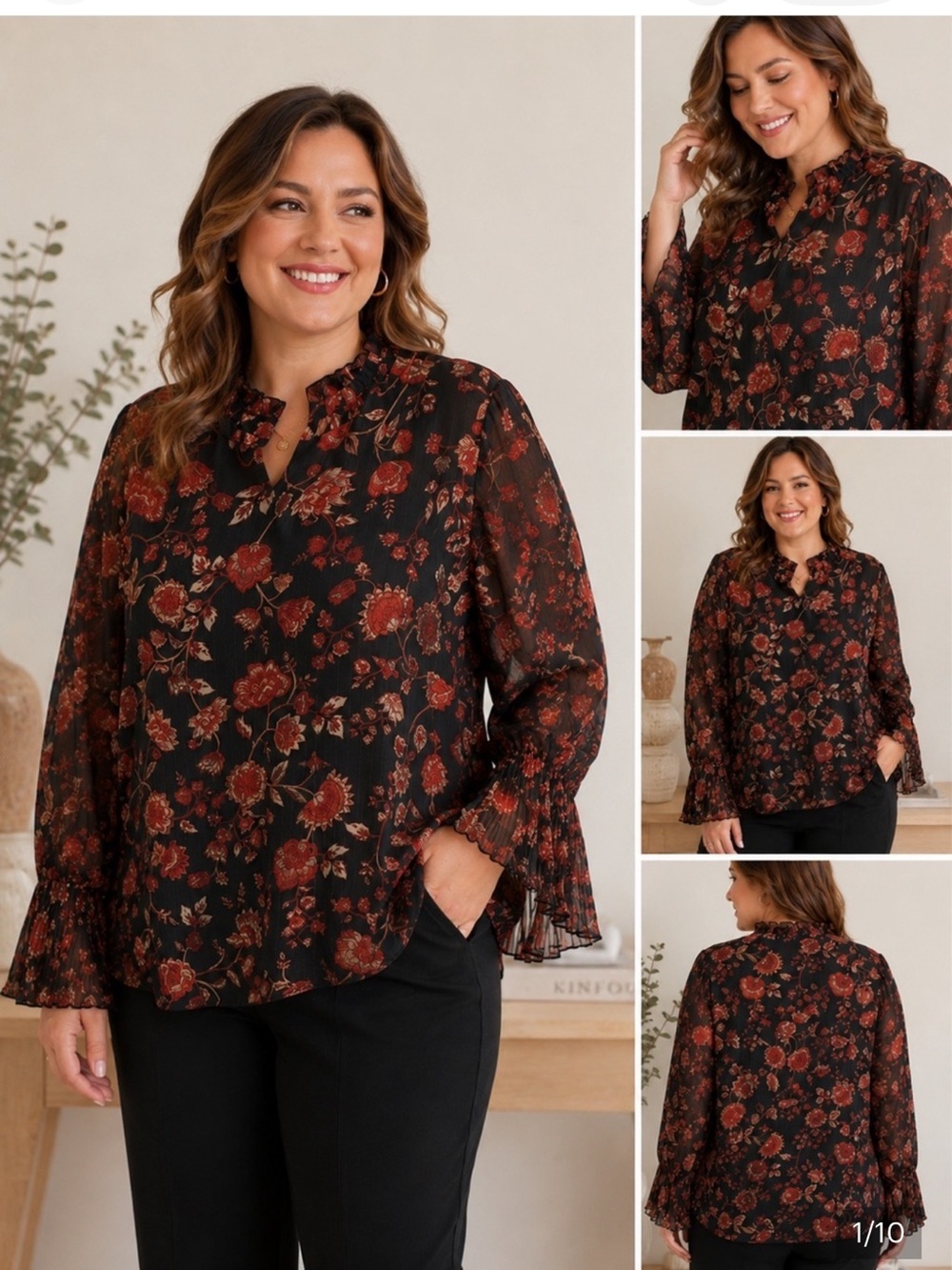 Chico's Black Sheer Floral Ruffle-Neck Blouse size XXL